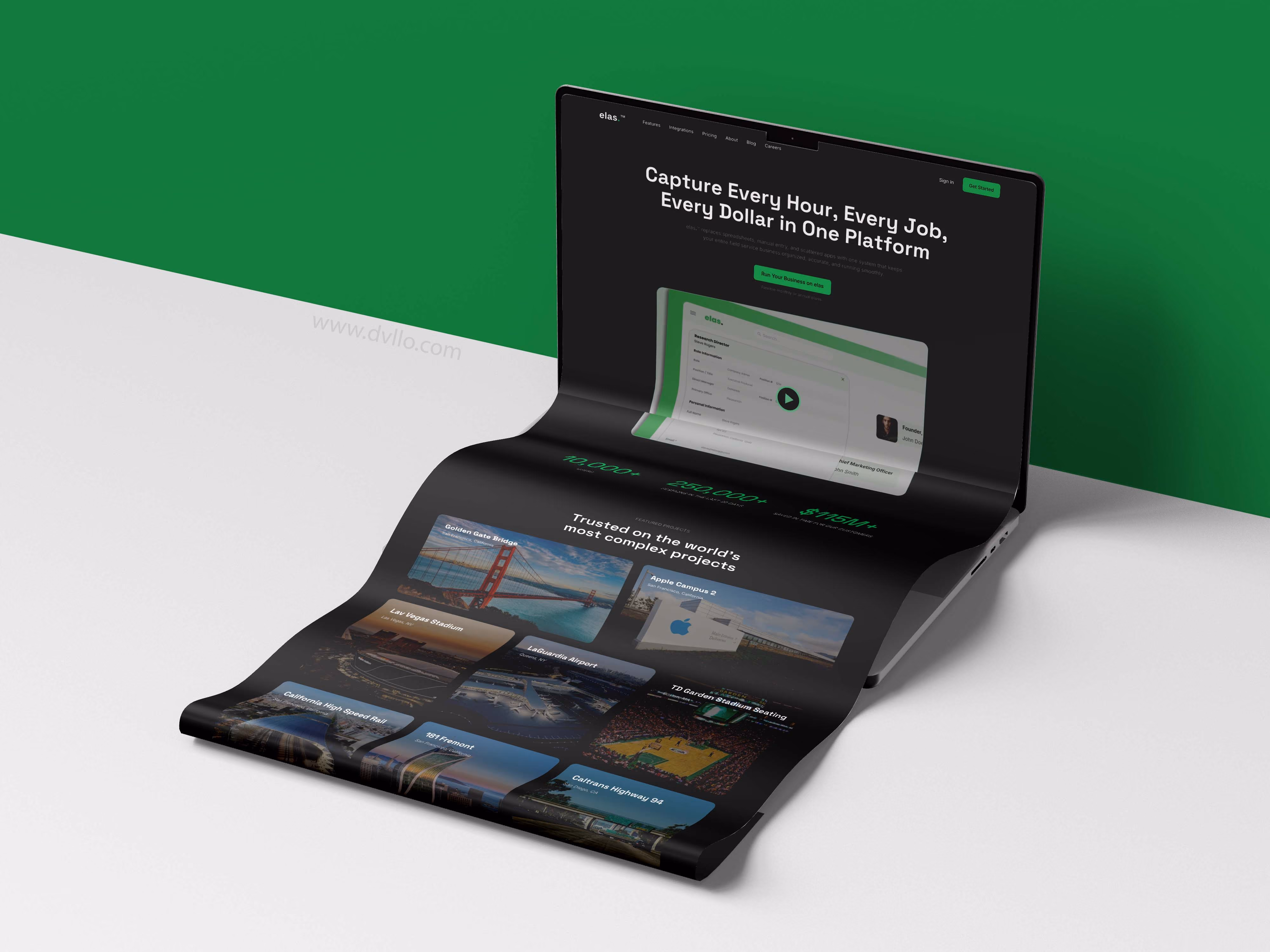 Laptop partially unrolled like a scroll showing a business platform with project images and stats.