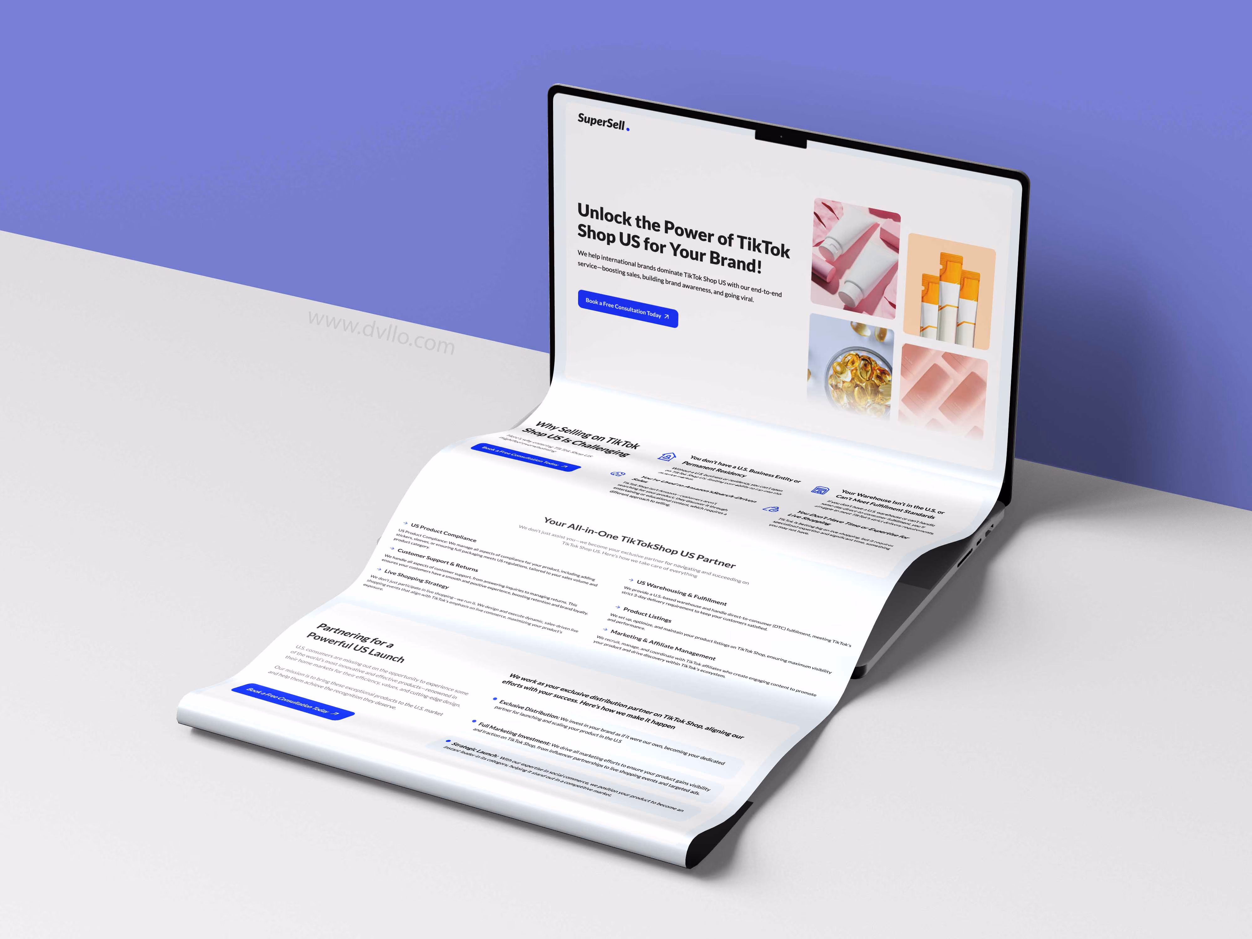 Folded laptop screen showing a page about unlocking TikTok Shop US for brand growth services.